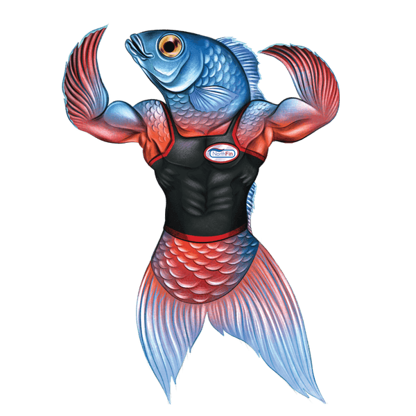 NorthFin muscle-fish mascot — built strong